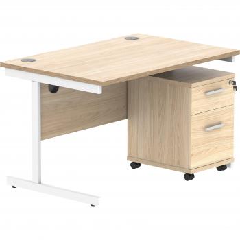 Mobile Pedestal Office Desk, Oak & White, 1200 × 800 with Dual Drawers