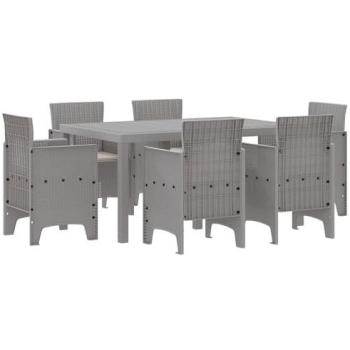 Garden Dining Set 7 Pieces with Cushions Light Grey Poly Rattan