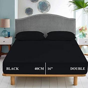 Royale Primo Extra Deep 16 Non Iron Percale 100% Polyester Cotton Fitted Sheets (Double, Black)