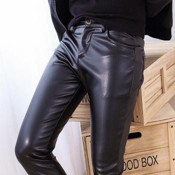 Pantalon slim en cuir PU pour homme, épais, automne hiver