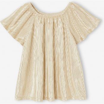 Blusa festiva de lámina metálica dorada con mangas mariposa y detalle plisado para niña