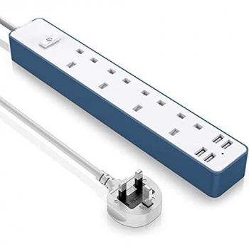 USB Power Strip Extension Cord – 4 AC Outlets, 4 USB Charging Ports, 1.6 m UK Plug, Blue