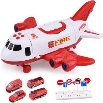 Juguetes educativos de coches y avión de carga con señal de carretera