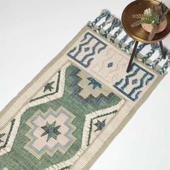 Alfombra de Pasillo de Lana Verde y Azul 66x200 cm