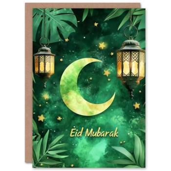Crescent Moon Lantern Card – Green Eid Celebration