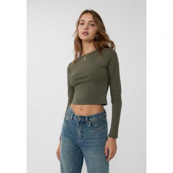Stradivarius Green XL Cropped Cotton T-Shirt – Classic Long Sleeve