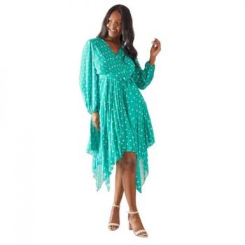 Womens Spot Pleated Asymmetric Wrap Chiffon Midi Dress, Green, 12