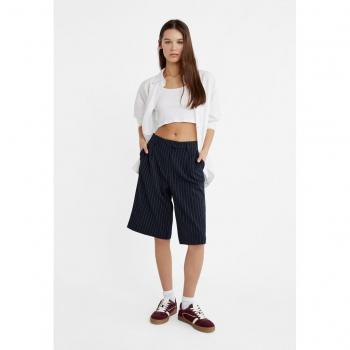Stradivarius Classic Navy Blue Pinstripe Bermuda Shorts (Size 10)