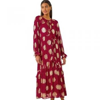 Robe Midi Rouge Brocart Froncé EU 46 (UK 18)