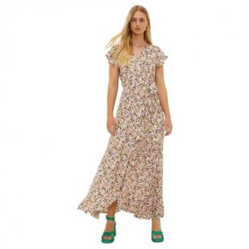 Black Peony Floral Wrap Midi Dress with Metallic Stripes