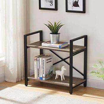 BON AUGURE Small Bookshelf, 2-Tier Industrial Low Bookcase, Rustic Display Shelf for Living Room Bedroom