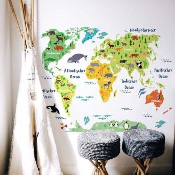 Kinderzimmer-Weltkarte „Tierwelt“ – 160 × 120 cm selbstklebendes Wandtattoo