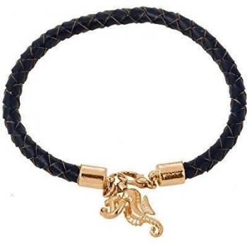 Gemshine Maritim Nautics Anker Seepferd Armband – Silber, vergoldet, navy farblich, schwarzes Lederband – aus Madrid