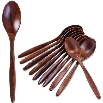 Wooden Spoons – 10 PCS Natural Wood Soup Spoon Set, Long Handle, 7.3 Inches