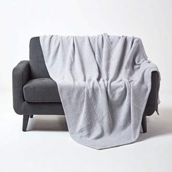 Jeté Halden en coton gris à motif chevrons, 225 x 255 cm