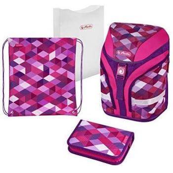 Herlitz Schulranzen Set Pink Cubes mit Sporttasche, Stiftebox, Hefter