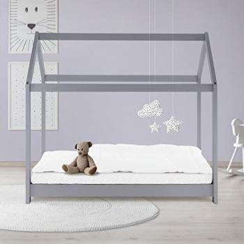 Lit Maison pour Enfants 70x140 cm, Bois de Pin Massif, Gris Clair