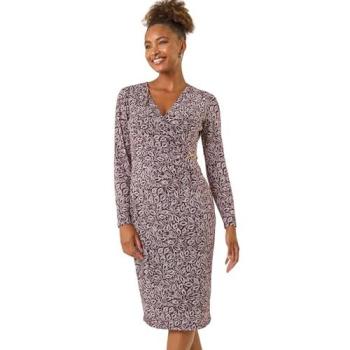 Roman Leaf Print Chain Detail Midi Dress in Burgundy