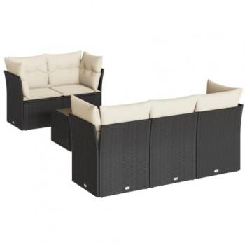 Seven‑Part Black Polished Rattan Garden Sofa Kit with Cushions