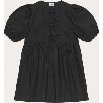 Ganni Black Cotton Poplin Mini Dress with Tie Strings