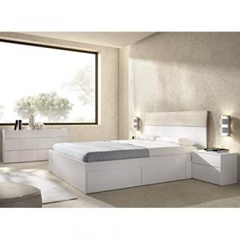 Dormitorio Completo GIA 3 con Cama con Cajones, Cabecero, Mesitas de Noche y Cómoda en Color Blanco y Natural
