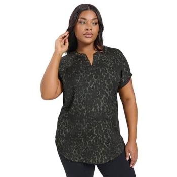 Textured Leopard Patterned Women's Notch Collar Top – Black, 30/32