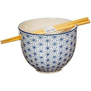 Elegant Sashiko Patterned Noodle Bowl and Chopstick Duo