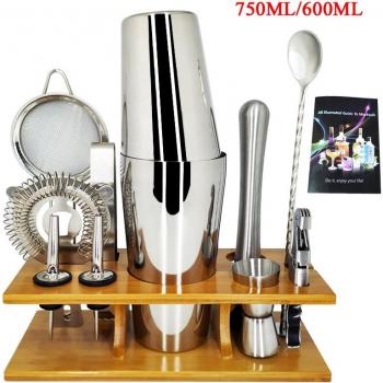 Set de accesorios para cócteles con soporte de madera