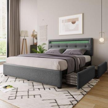 Sofà letto 140x200 grigio con giroletto luminoso a LED e 4 cassetti di stoccaggio
