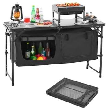 Portable Camp Kitchen Platform – Foldable Aluminum Table with Storage, 3‑Position Height Adjustment, RV Ready