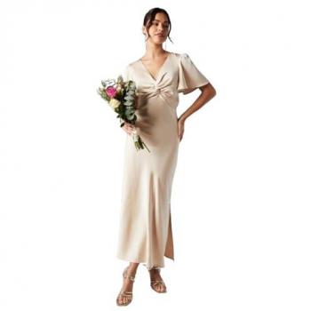 Oasis Satin Twist Front Bridesmaids Dress in Champagne, Angel Sleeves, Size 16