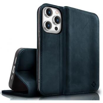 Nalia Flip‑Case aus Echtleder für iPhone 15 Pro Max – blauer Magnetverschluss