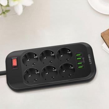 EU Plug Power Strip with 3 USB Ports and 6 Outlets, 250V