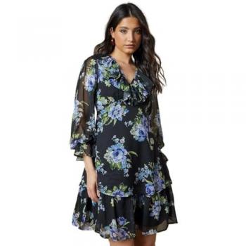 Oasis Ruffle Neckline Chiffon Mini Dress Black 10