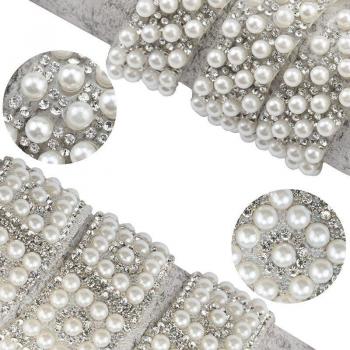 1 Yard ABS Round Pearl Beads Trim with Rhinestone for Crafting