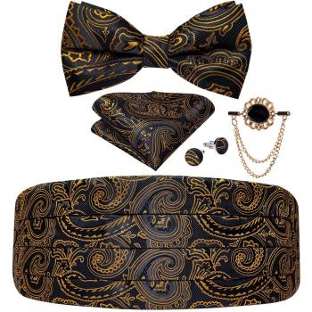 Black Gold Paisley Tuxedo Cummerbund and Bow Tie Set