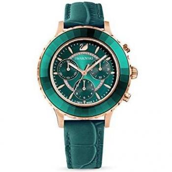 Swarovski Octea Lux Chrono Watch, Green Leather Strap, Rose Gold-Tone