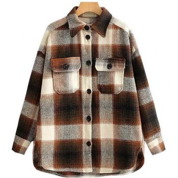 Oversized Plaid Woolen Coat with Long Sleeves for Women