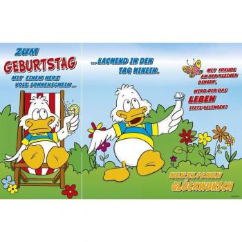 Lustige Geburtstagskarte im Comic-Stil – Ente auf Sonnenstuhl + Umschlag