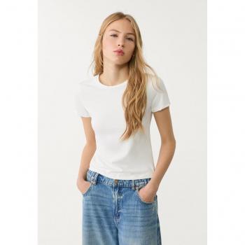 Polyamide T-Shirt by Stradivarius, Short Sleeve, Ecru, Size XS