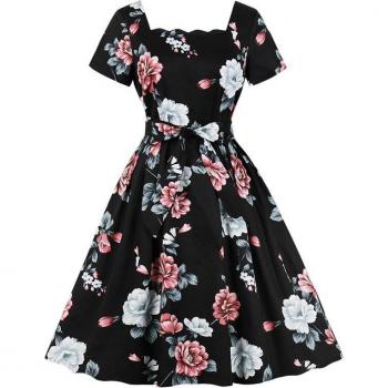 Fleurs 50s Tonval – Robe Festonnée Femme Noir
