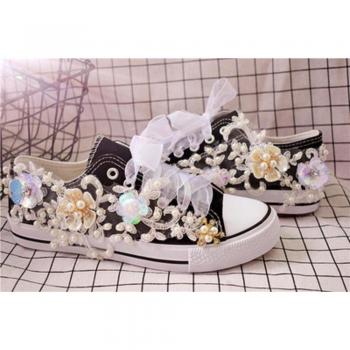Pearl Adorned Low Top Canvas Shoes for Girls