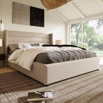 Lit Caisse Premium 160x200 cm – Hydraulique Intégrée – Sommier en Lattes de Bois – Lin Beige