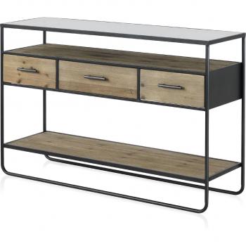 Console Design en Sapin et Fer avec Plateau en Verre Fumé 36x80x120cm