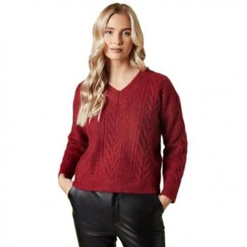 Ladies Red Cable V Neck Jumper