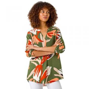 Women's Green Roman Pleated Print Top (Size 14)