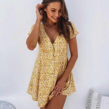 V-Neck Yellow Floral Boho Dress with Button Closure and Belt