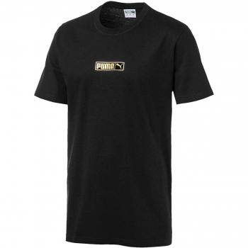 Puma T-Shirt für Herren „Graphic Logo Nr. 2“ – schwarze Baumwolle mit goldener Folie, Größe L