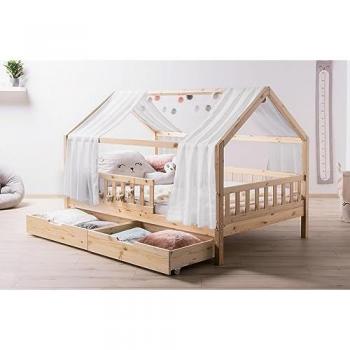 TiCAA Kinderbett mit Tüll Kim 90x200 cm, 100x200 cm, 120x200 cm, 140x200 cm Hausbett für Jungen & Mädchen, inkl. Rolllattenrost, Schubkasten und Rausfallschutz variabel, Montessori Bett aus Kiefer Massivholz