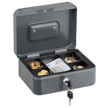 Cassetta Portamonete con Serratura Relaxdays, Inserto Rimovibile, 5 Scomparti, 8.5 x 20 x 17 cm, Grigia